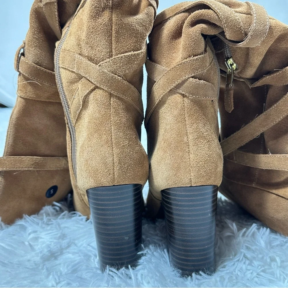 Sam Edelman Over the Knee Suede Boots Womens 8M Tan Block Heel Crisscross Wrap